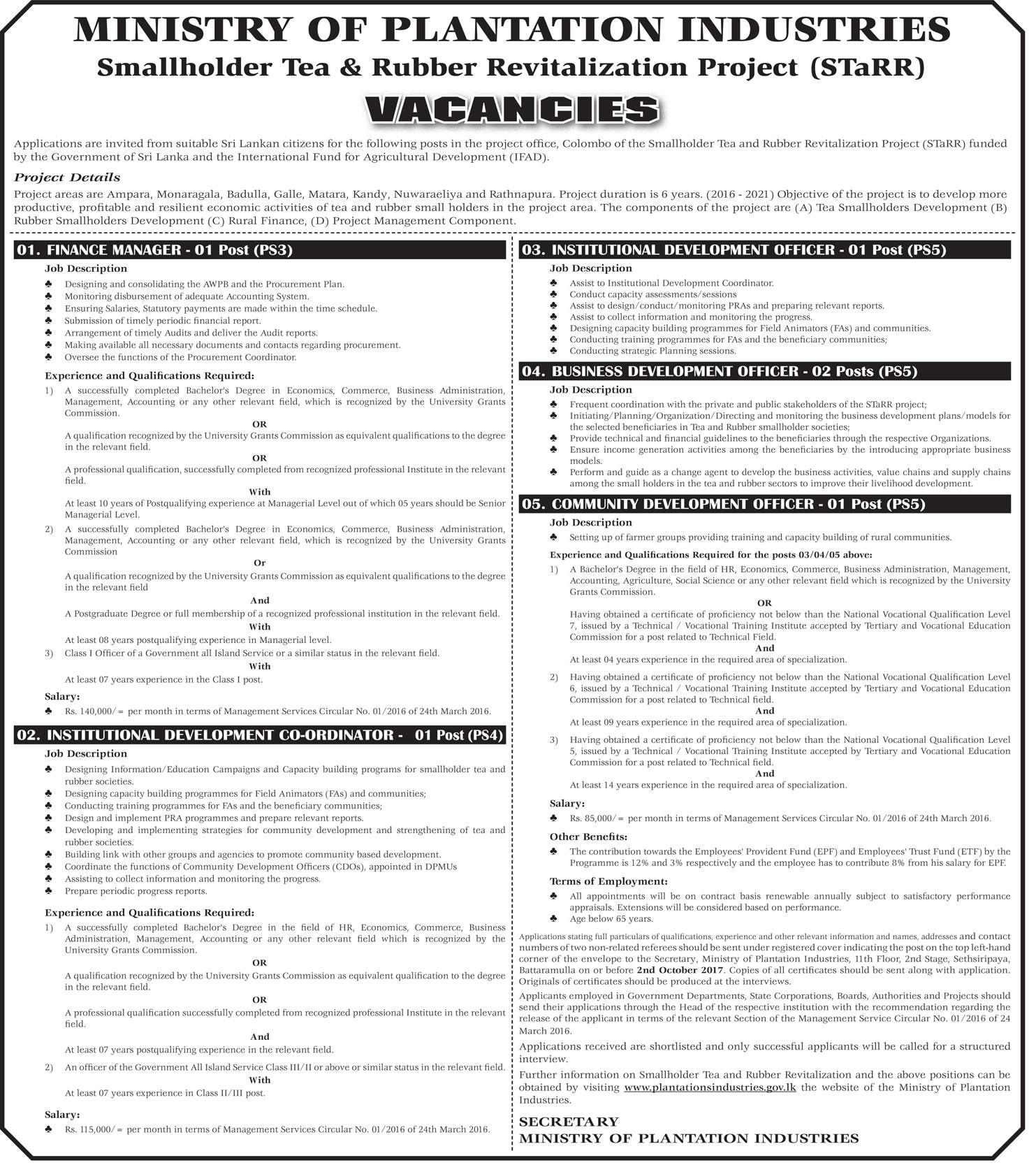 Finance Manager, Institutional Development Coordinator, Institutional Development Officer, Business Development Officer, Community Development Officer - Ministry of Plantation Industries